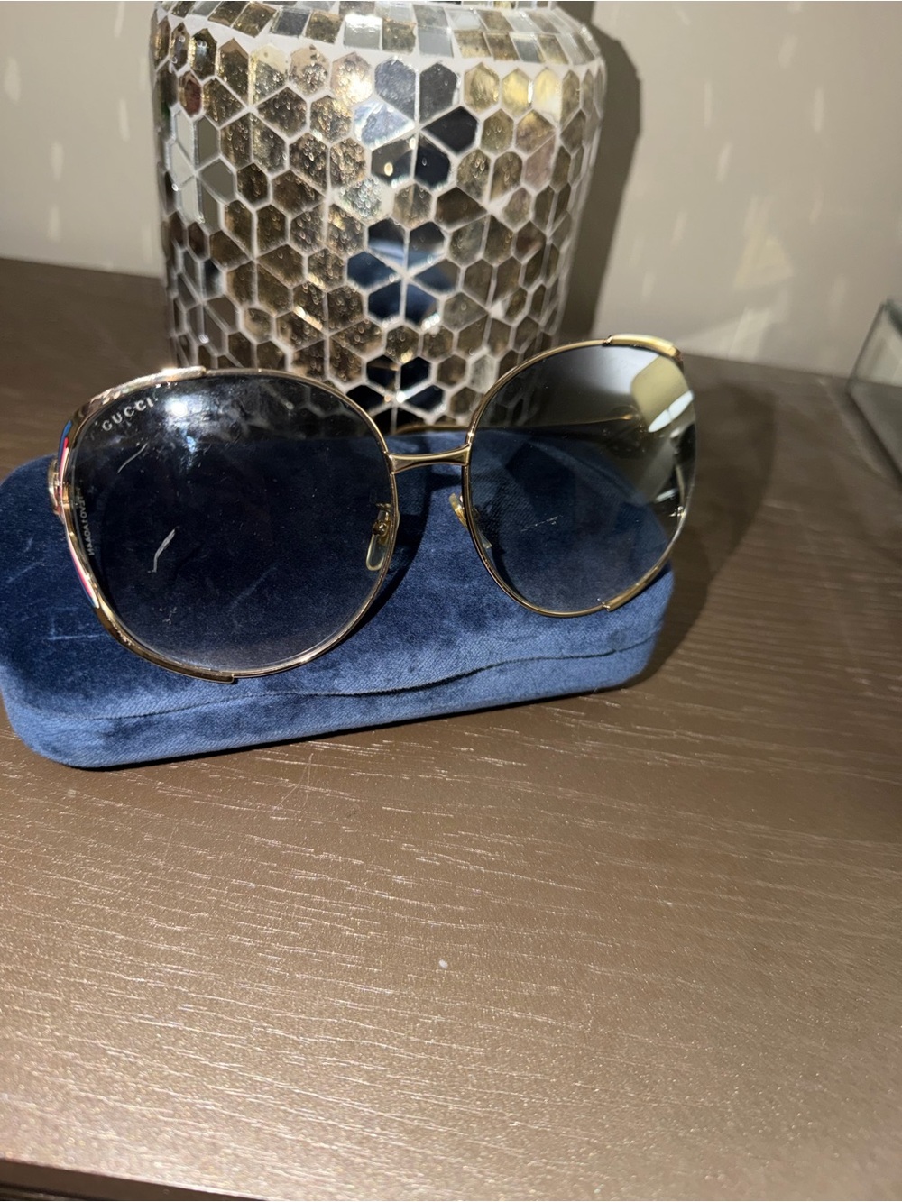 Gucci Gold Frame Sunglasses with Blue Gradient Lenses - Picture 2 of 3